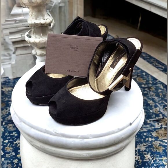 LOUIS VUITTON BLACK SUEDE PEEP TOE ANKLE STRAP PLATFORM HIGH HEEL SANDAL SHOE 35 - Picture 2 of 6